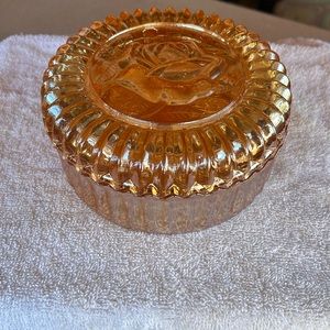 Marigold Iridescent Carnival Glass Powder/Candy Dish with Lid (Rose Design)